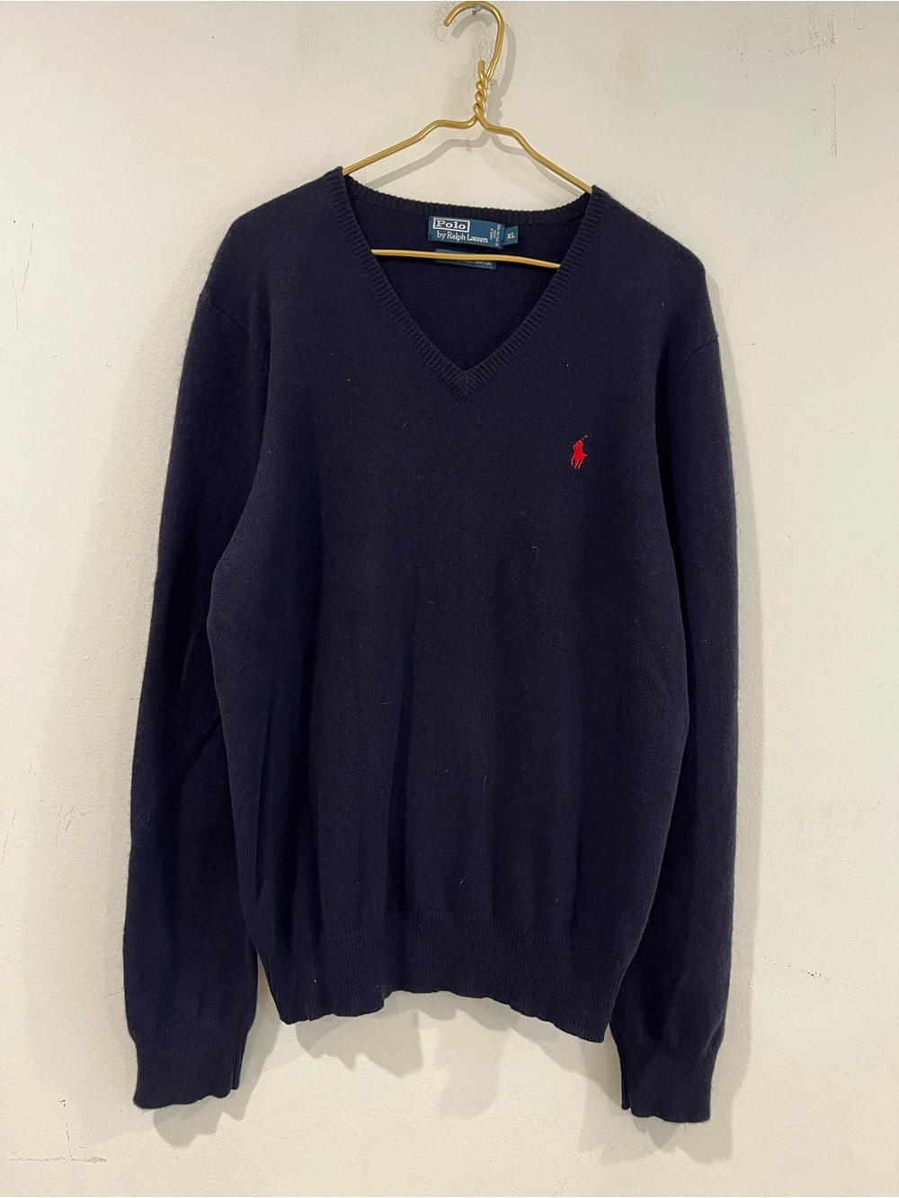 Ralph Lauren Men's Navy V-Neck Sweater with Red Pony XL